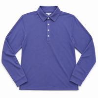 A long-sleeve polo shirt in a medium purple color, featuring a three-button placket and a classic collar, laid flat against a white background.