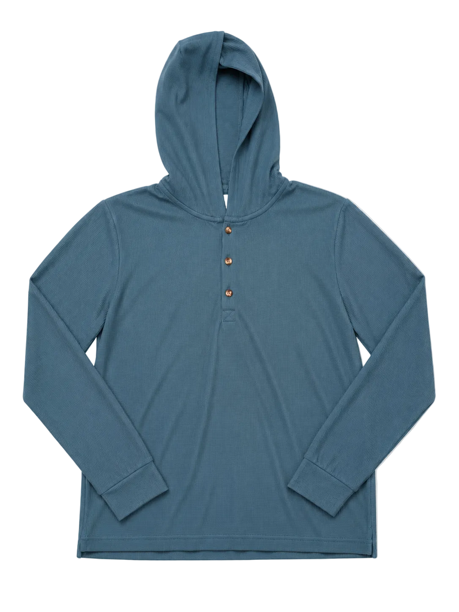 A slate blue long-sleeve hooded shirt with a three-button henley collar, displayed flat against a white background.