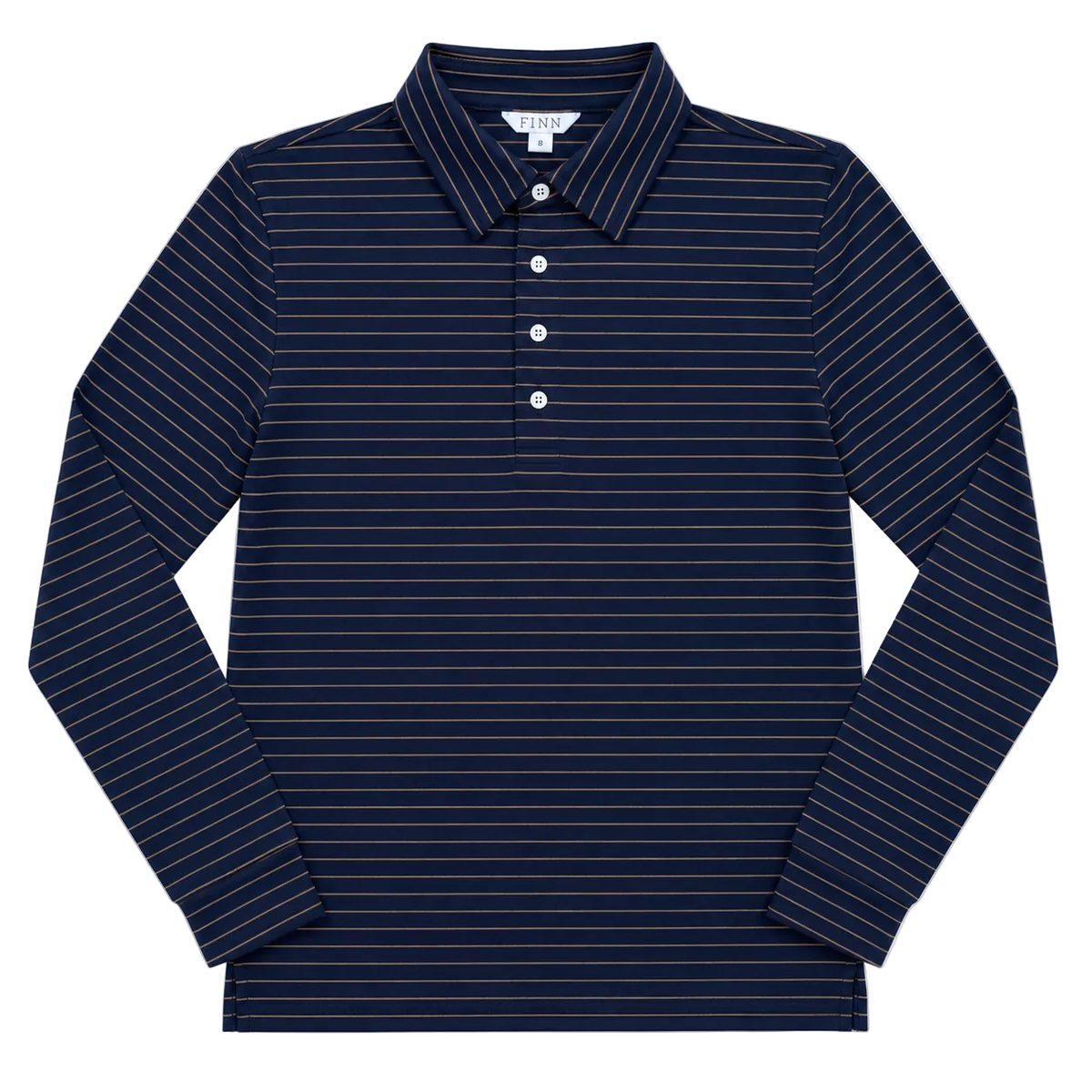 A long-sleeve polo shirt in navy blue with thin white horizontal pinstripes, featuring a three-button placket and a classic collar, shown flat on a white background.