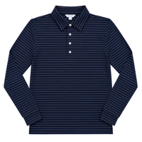 A long-sleeve polo shirt in navy blue with thin white horizontal pinstripes, featuring a three-button placket and a classic collar, shown flat on a white background.