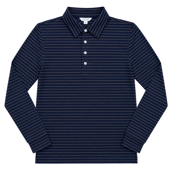 A long-sleeve polo shirt in navy blue with thin white horizontal pinstripes, featuring a three-button placket and a classic collar, shown flat on a white background.