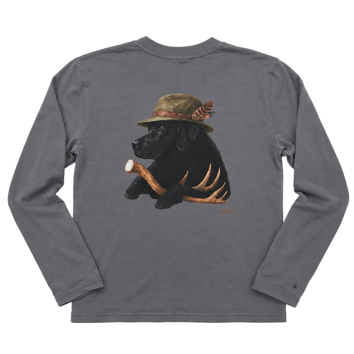 A dark gray long-sleeve t-shirt with a graphic print of a black dog wearing a brown hat and antlers, holding a marshmallow on a plain white background.