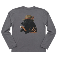 A dark gray long-sleeve t-shirt with a graphic print of a black dog wearing a brown hat and antlers, holding a marshmallow on a plain white background.