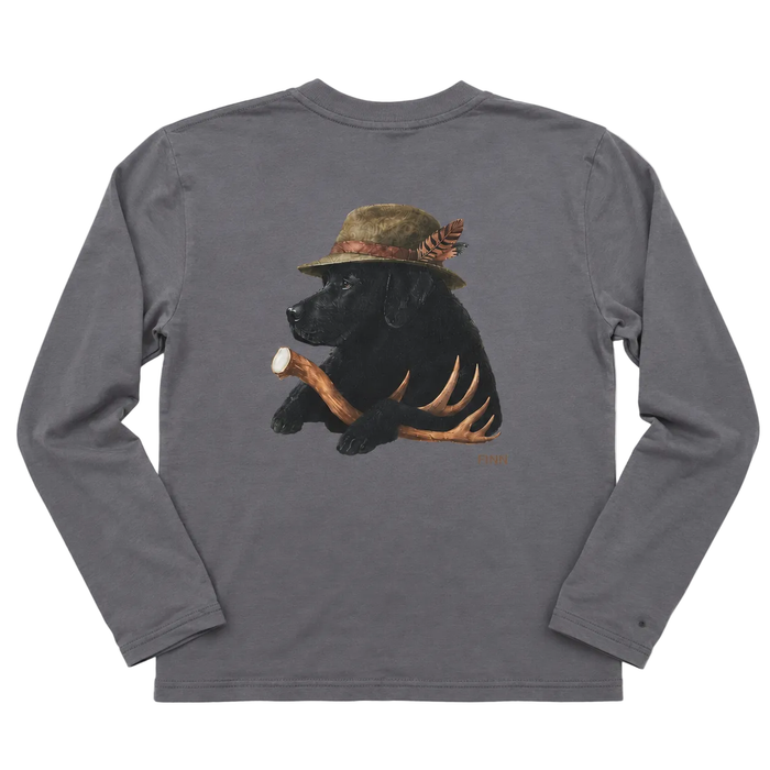 A dark gray long-sleeve t-shirt with a graphic print of a black dog wearing a brown hat and antlers, holding a marshmallow on a plain white background.