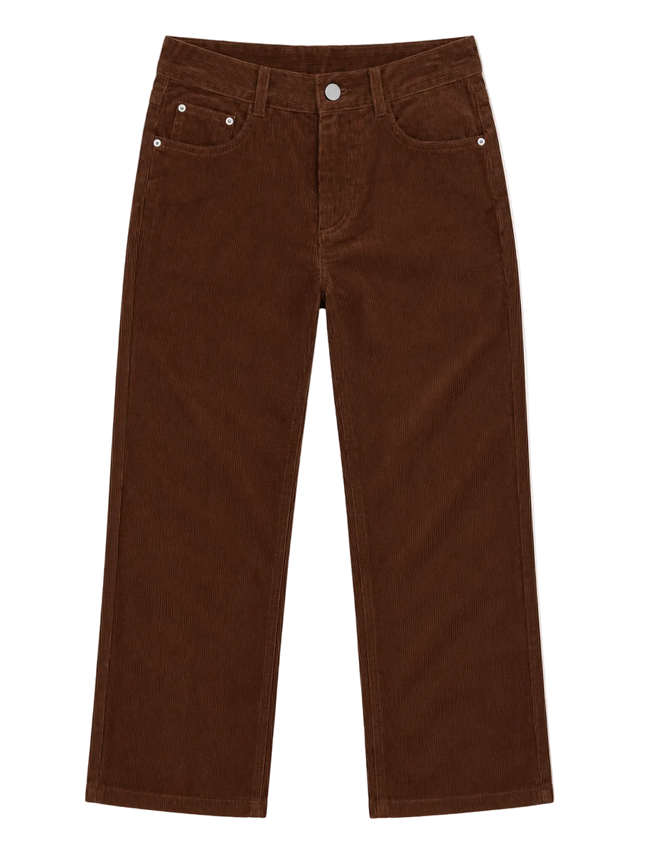 A pair of brown corduroy pants shown flat against a solid white background.