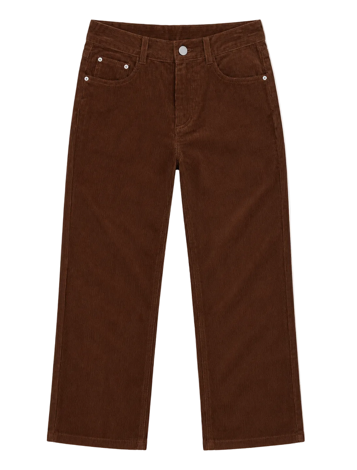 A pair of brown corduroy pants shown flat against a solid white background.