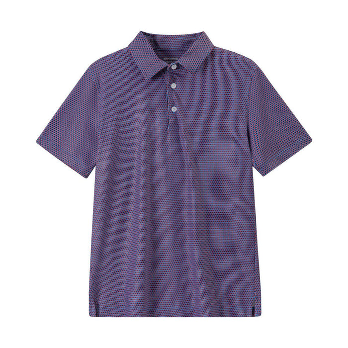 A short-sleeve polo shirt in a purple and blue micro-dot pattern, featuring a three-button placket and a classic collar, shown against a plain white background.