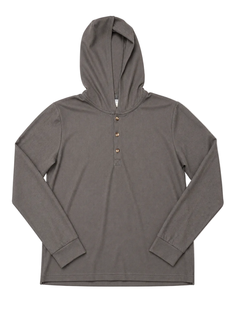 A dark gray long-sleeve hooded henley shirt with a three-button placket, laid flat against a white background.