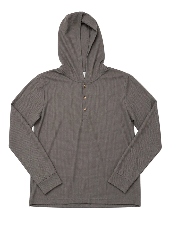 A dark gray long-sleeve hooded henley shirt with a three-button placket, laid flat against a white background.