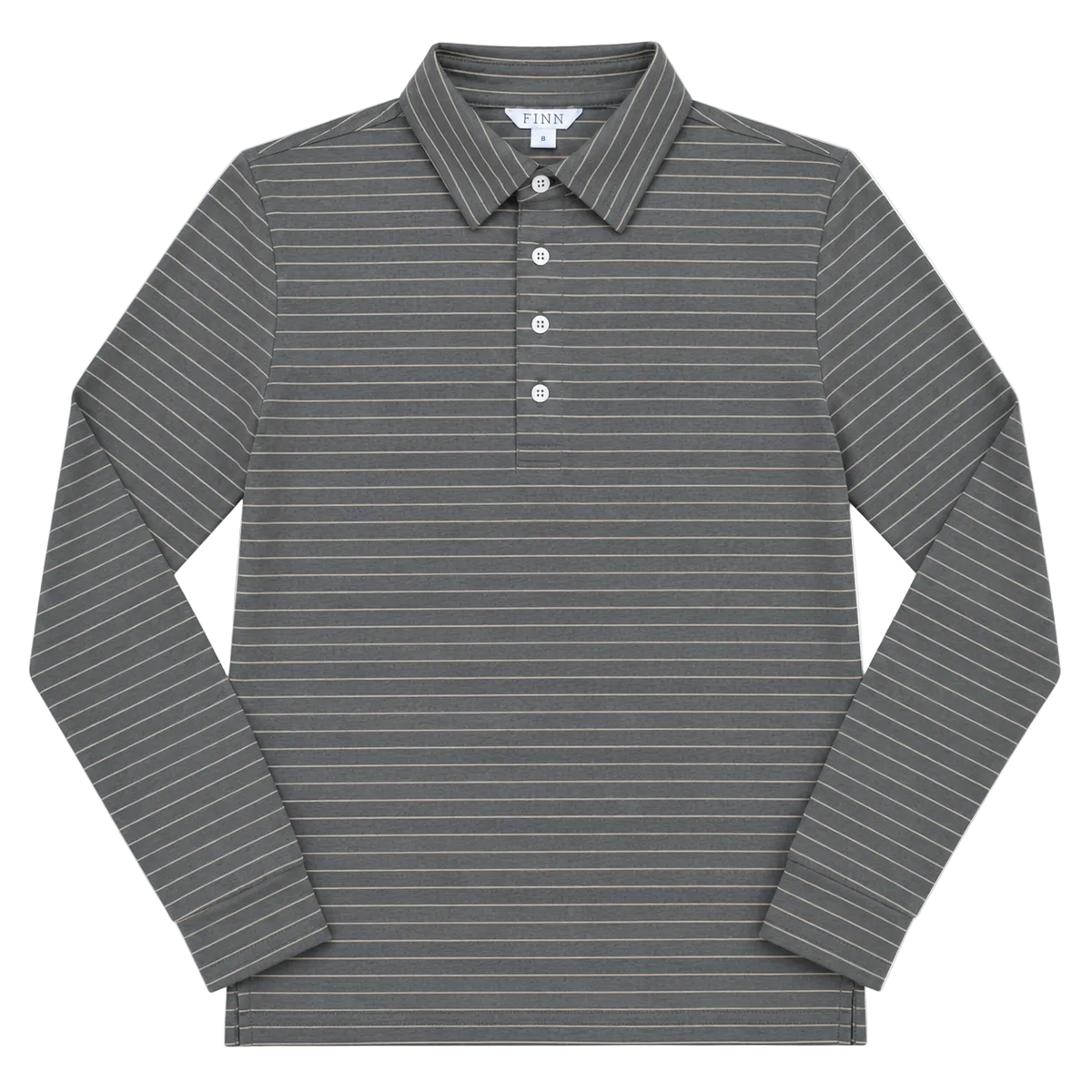 A long-sleeve polo shirt with thin horizontal white stripes on a dark gray base, featuring a classic collar and a three-button placket.