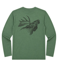 A heather green long-sleeve t-shirt with a dark gray graphic of a moose head with antlers on the back, displayed against a solid white background.