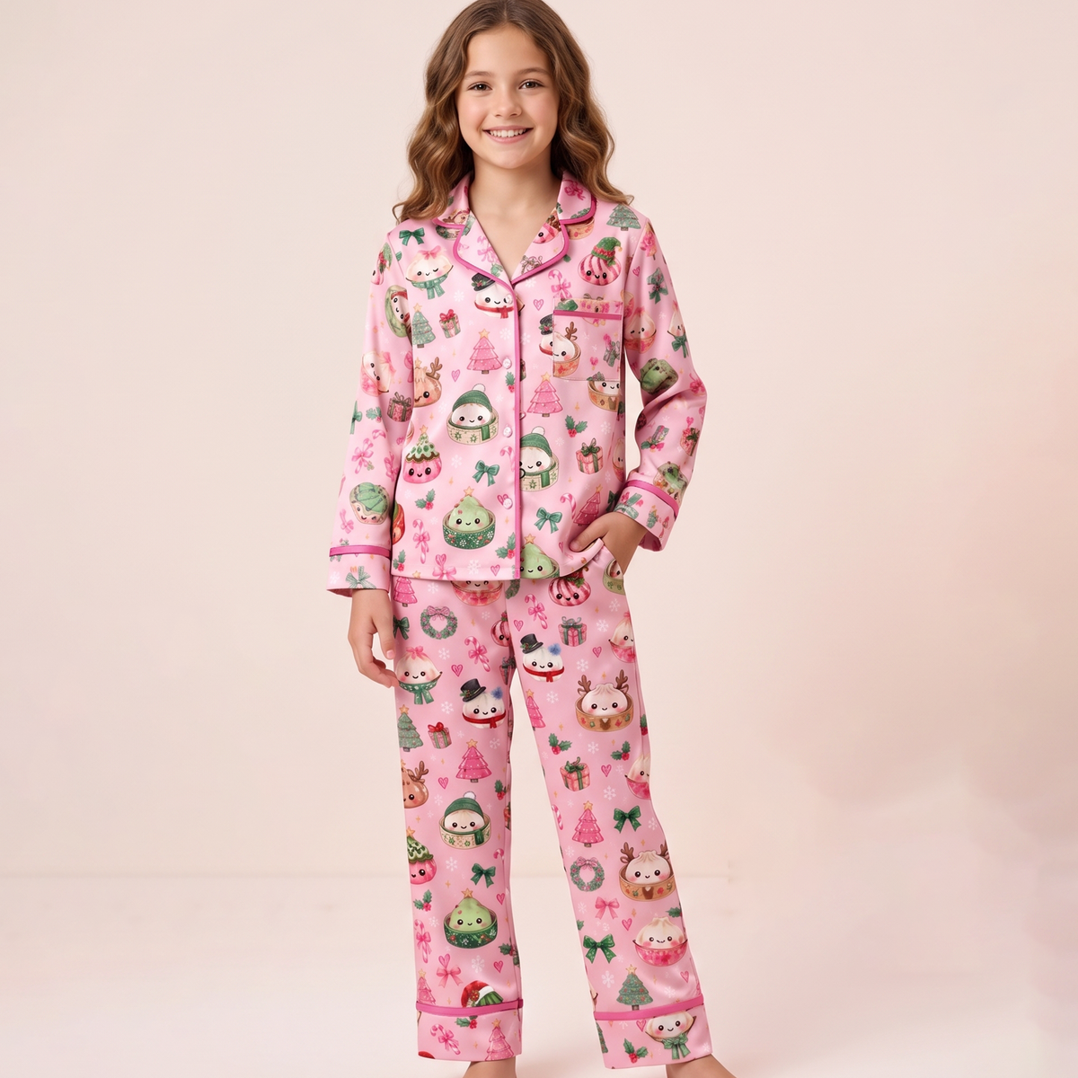 A young girl modeling a two-piece pink pajama set with a cute cartoon animal print, standing against a solid pale pink studio background.