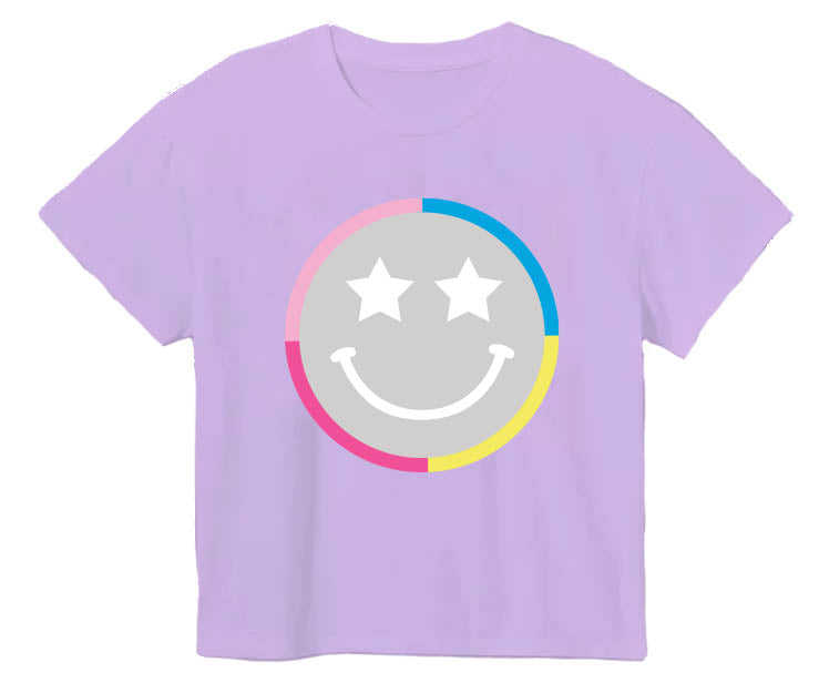 Sequin Star Smiley Face Lavender Boxy Tee