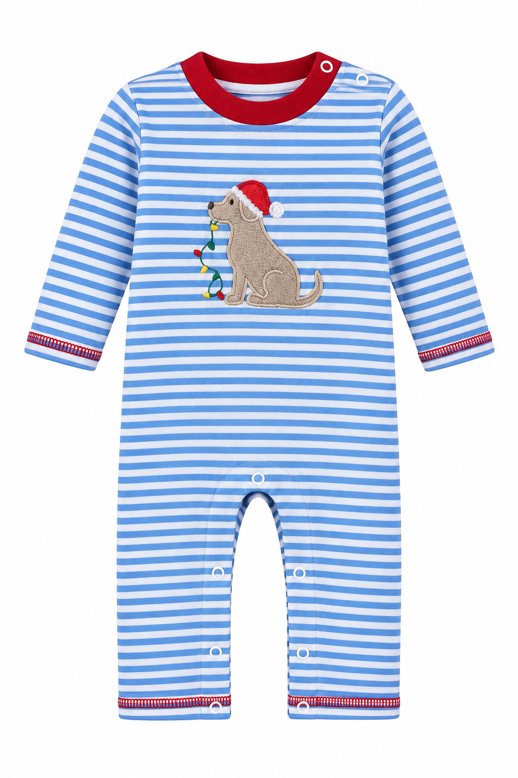 A baby long-sleeve romper with blue and white horizontal stripes, featuring a gray dog applique wearing a red Santa hat on the chest. The romper is displayed on a hanger in a retail store setting with shoe boxes stacked behind it.