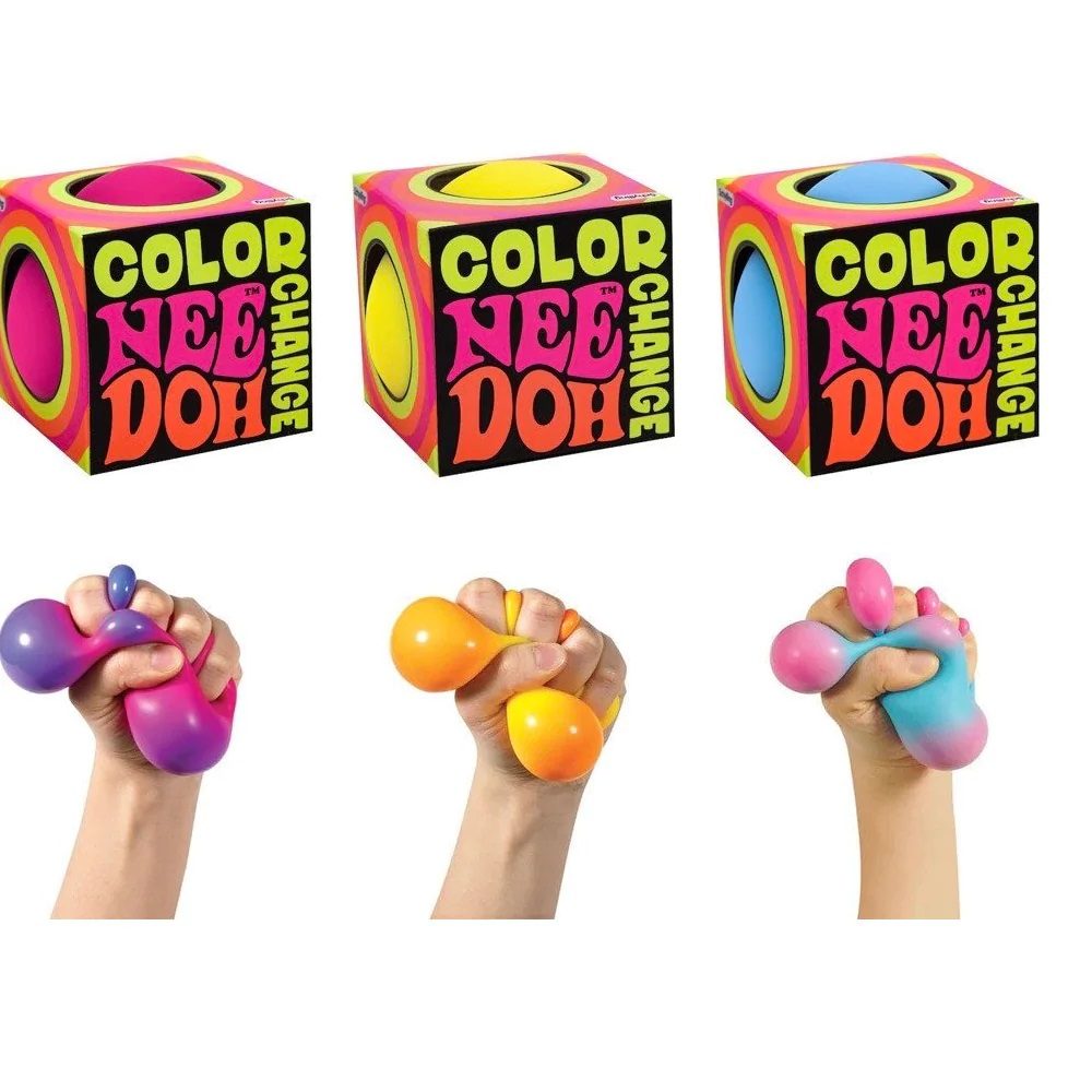 Color Nee Doh toy with packaging and hands holding the toy in different colors.