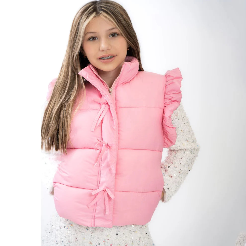 TWEEN STYLE RUFFLE PUFFER VEST WITH FRONT BOWS