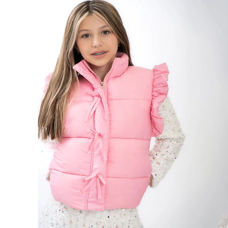 TWEEN STYLE RUFFLE PUFFER VEST WITH FRONT BOWS