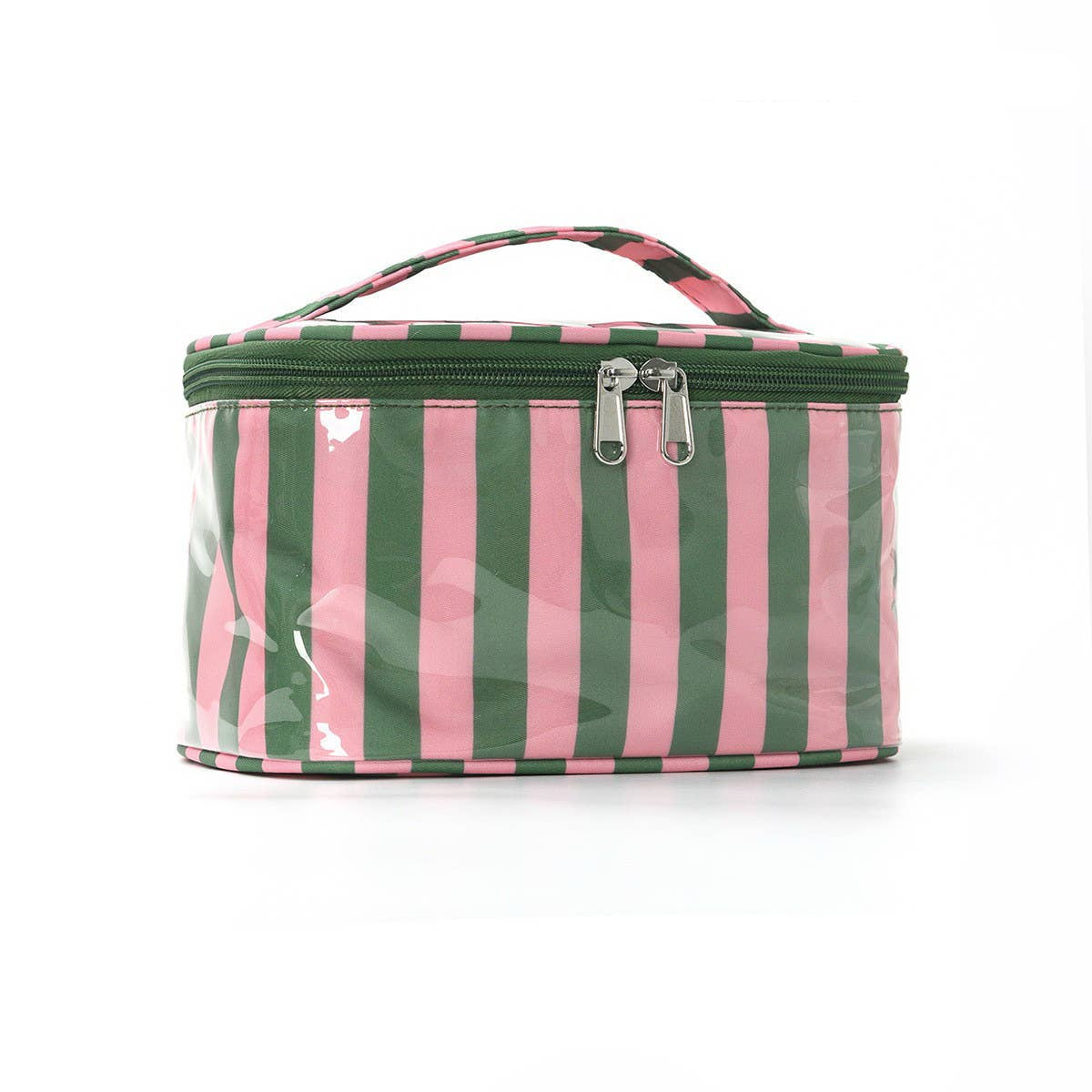 Josslyn Striped Vinyl Cosmetic Makeup Travel Pouch Bags Pink Green
