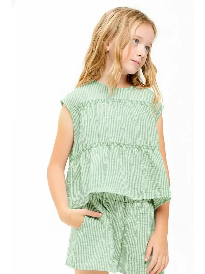 Cotton Gauze Skort Set Sage Stripe