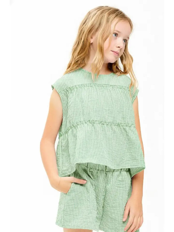 Cotton Gauze Skort Set Sage Stripe