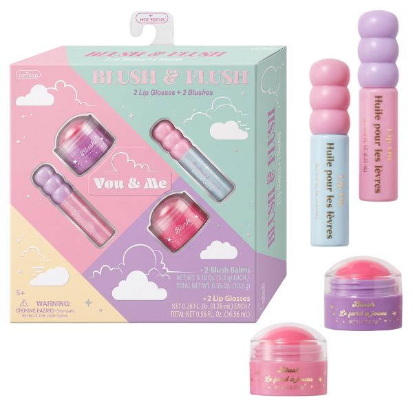VerLace 'Blush & Flush' You & Me lip care set, featuring a pastel-colored packaging box and four individual products (two lip glosses and two blushes) in pink, purple, and light blue.