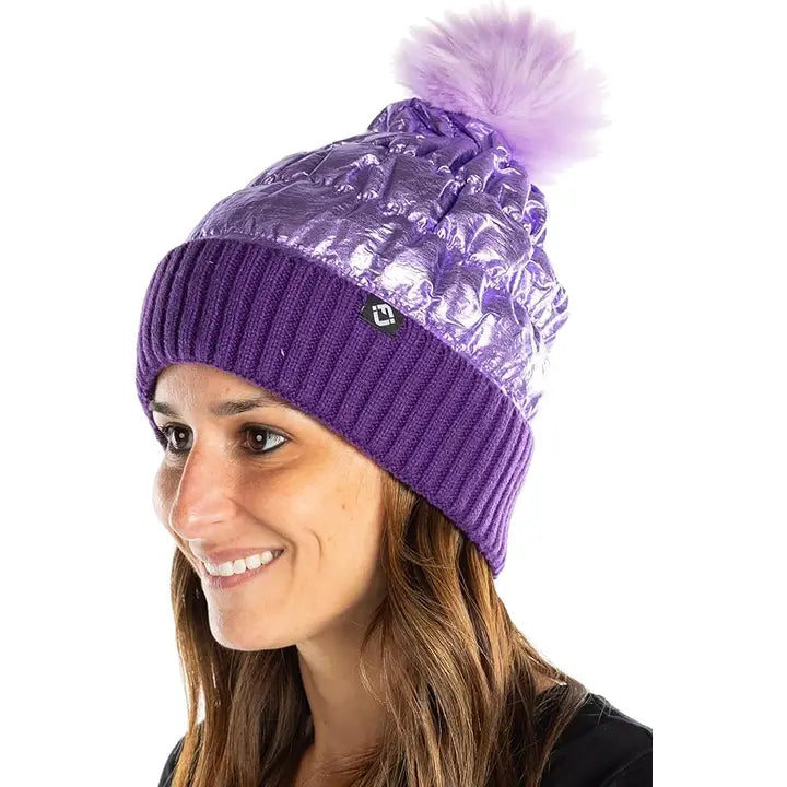 FAUX FUR PUFFER POM BEANIE PURPLE