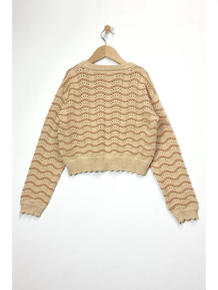 HEART AND ARROW TWEEN CREWNECK WAVY POINTELLE SWEATER TAN