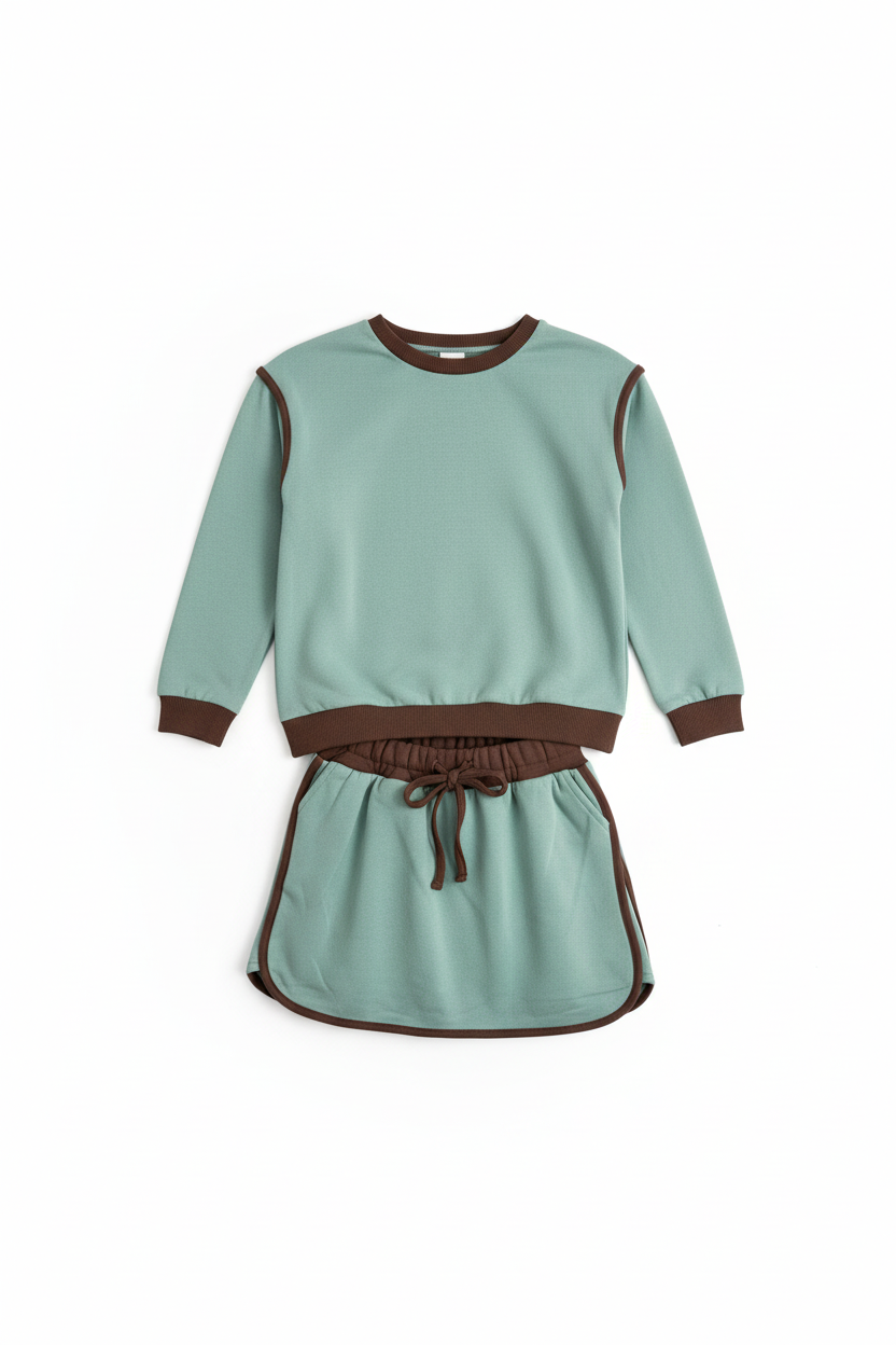 A two-piece children's outfit set featuring a sage green sweatshirt and matching mini skirt with contrasting brown trim, cuffs, and waistband.