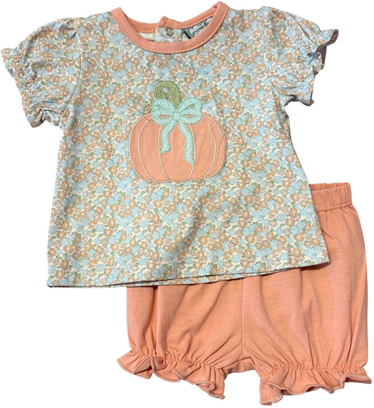 A toddler girl's two-piece outfit featuring a short-sleeve top with a light blue and beige floral pattern, a peach pumpkin applique on the front with a green stem and bow, and matching peach ruffled bloomers.