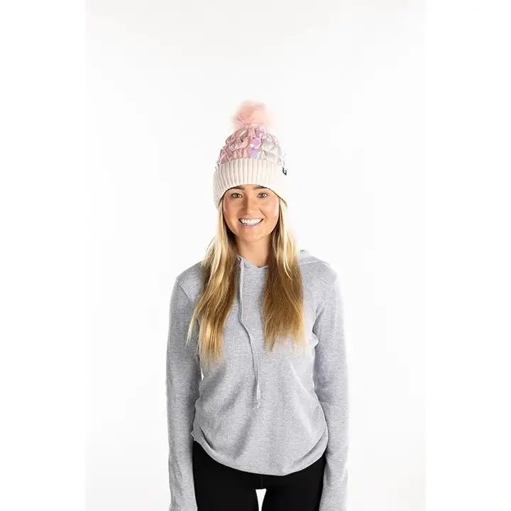 PUFFER FAUX FUR POM BEANIE IRIDESCENT PINK