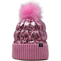 KIDS PUFFER FAUX FUR POM BEANIE METALLIC PINK
