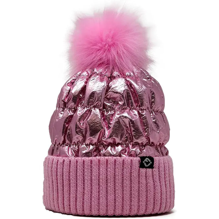 KIDS PUFFER FAUX FUR POM BEANIE METALLIC PINK