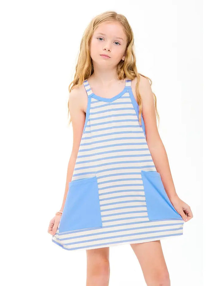Striped Mini dress with Inner Romper Light Blue