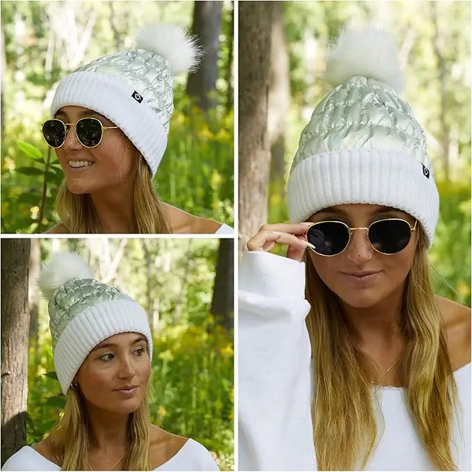 PUFFER FAUX FUR POM BEANIE WHITE/SILVER