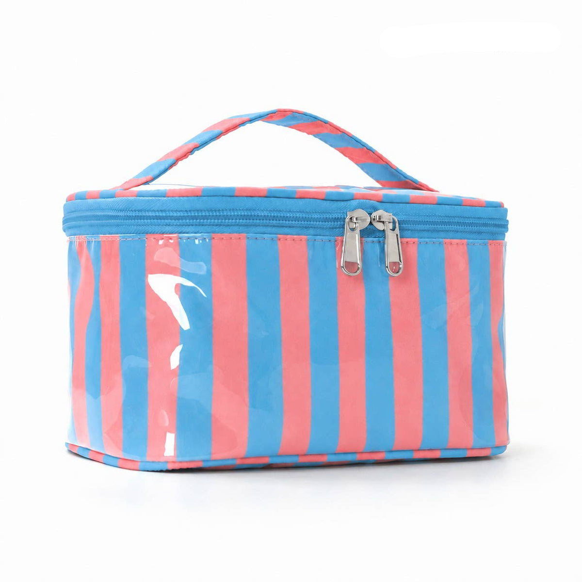 A striped cosmetic bag in blue and pink with a clear front panel and top zipper, shown on a white background with the text 'BLUE PINK' in the top right corner.