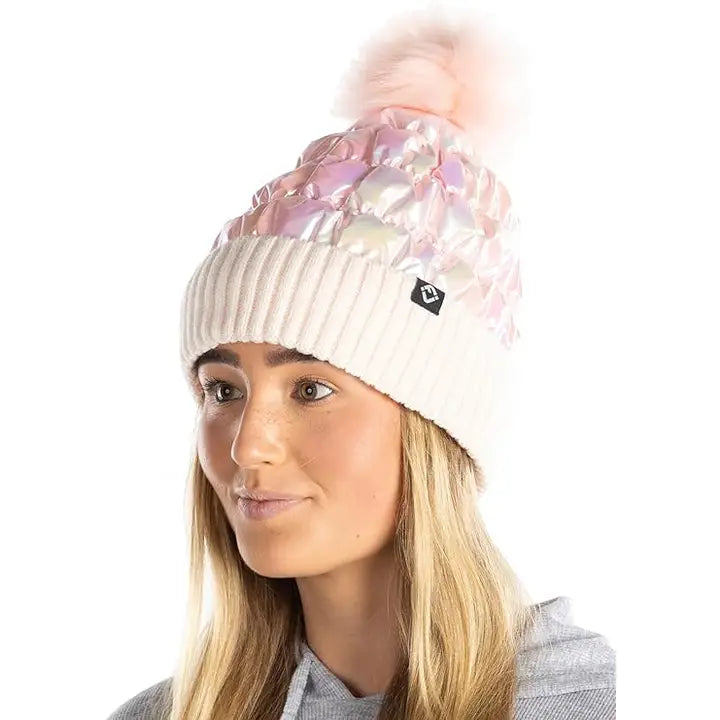 PUFFER FAUX FUR POM BEANIE IRIDESCENT PINK