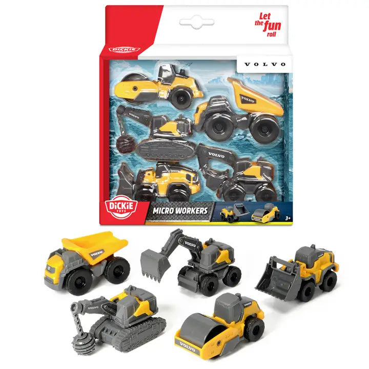 Set of toy construction vehicles with packaging featuring Volvo and Dickie logos.