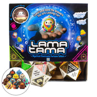 Lama Tama Mystical Electronic Fortune Tellers game set, showing the retail box, a tray of colorful polyhedral dice, and a circular inset of small character telly figures on a white background.