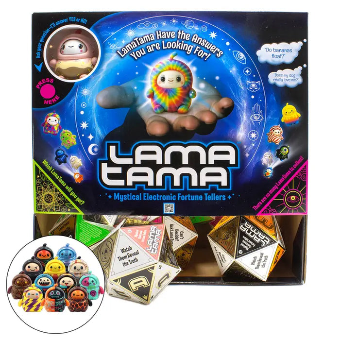 Lama Tama Mystical Electronic Fortune Tellers game set, showing the retail box, a tray of colorful polyhedral dice, and a circular inset of small character telly figures on a white background.