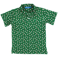 Green polo shirt with small pattern on a white background
