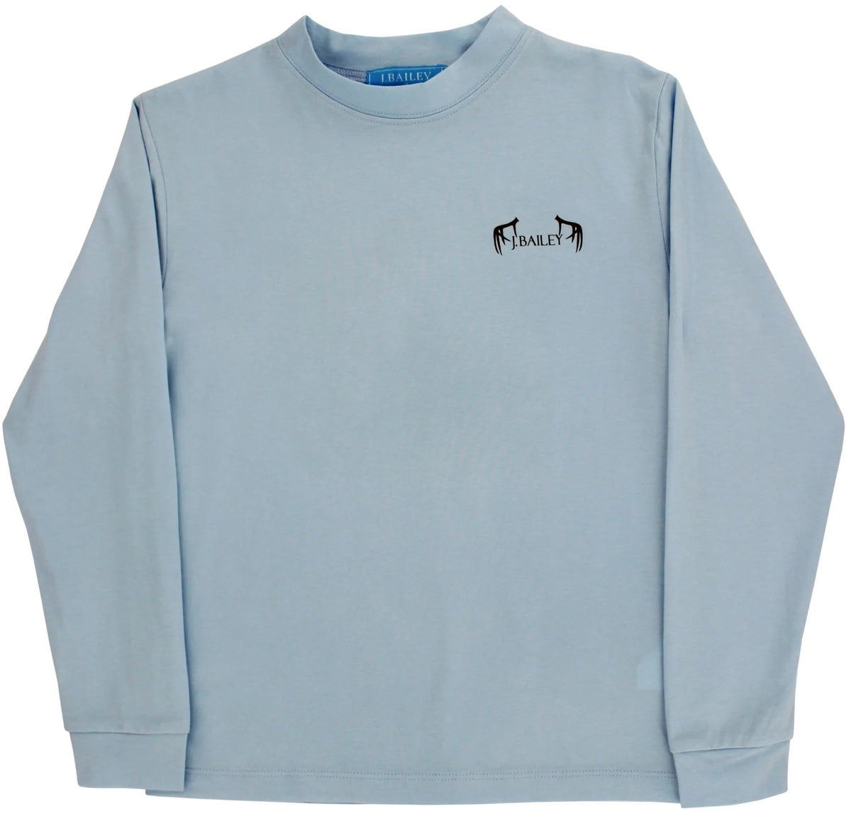 A light blue long-sleeve crewneck sweatshirt with a small black BAILEY logo printed on the left chest, displayed flat against a white background.