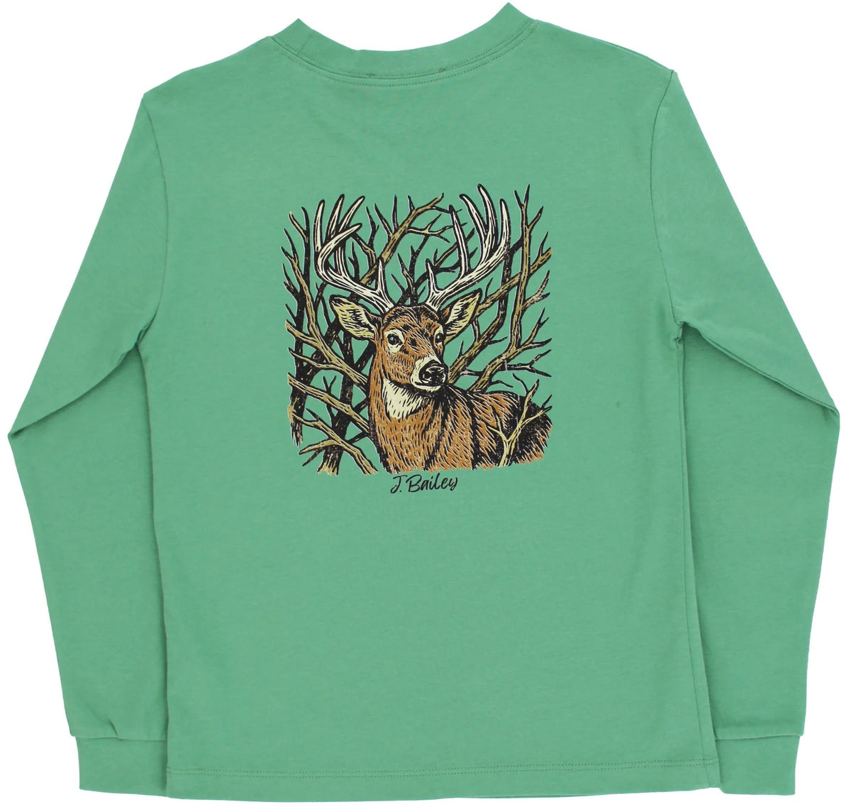 Green long-sleeve shirt with a deer graphic on the back against a white background
