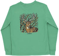 Green long-sleeve shirt with a deer graphic on the back against a white background