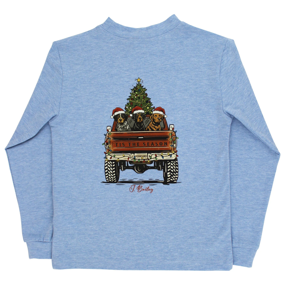 t-shirt dogs in back of a truck christmas themed