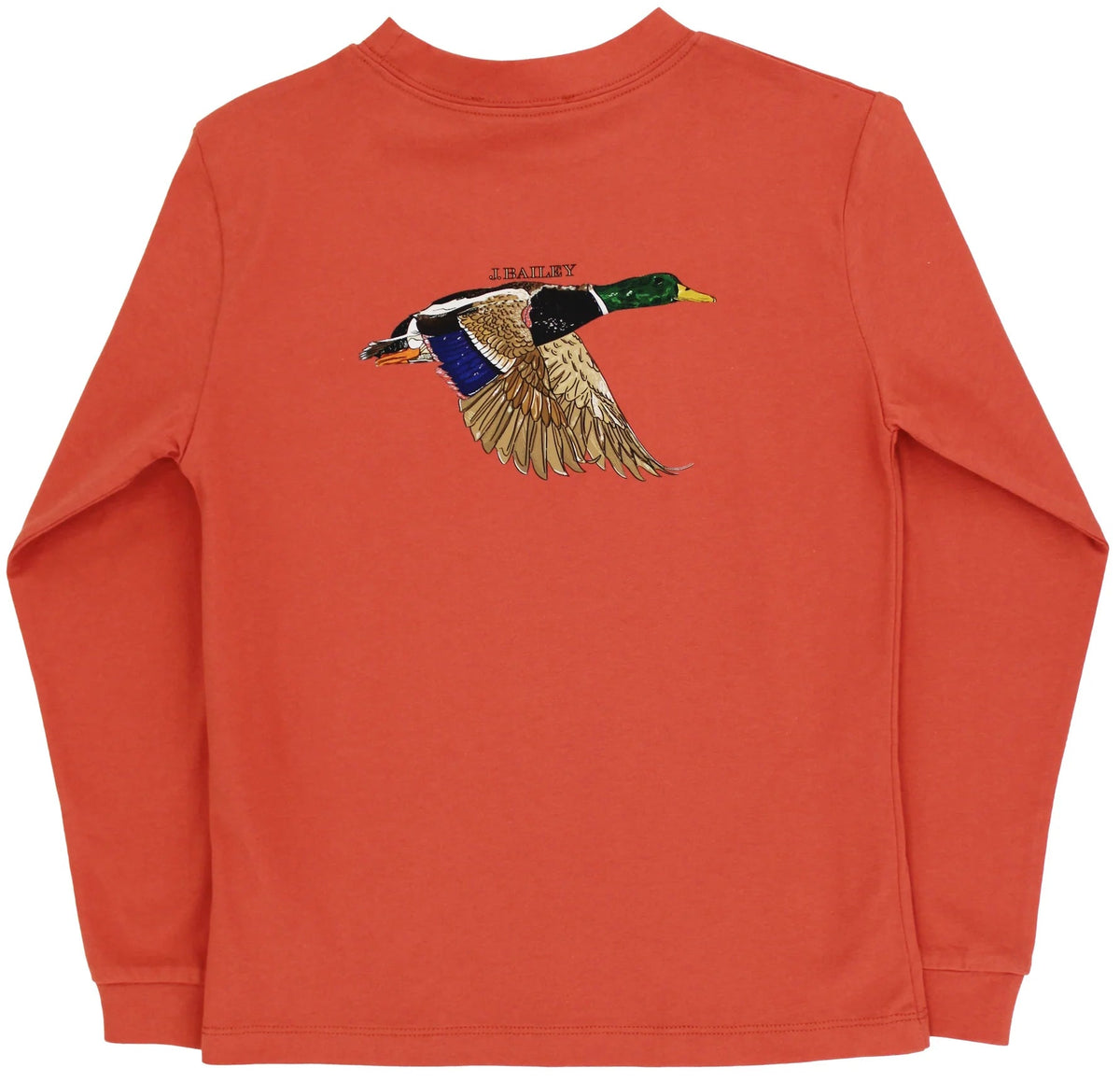 Orange long-sleeve shirt with a duck graphic on a white background
