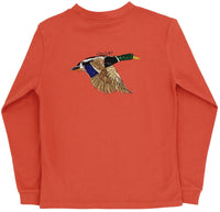 Orange long-sleeve shirt with a duck graphic on a white background