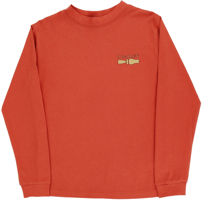 Orange long-sleeve shirt with a logo on the chest against a white background