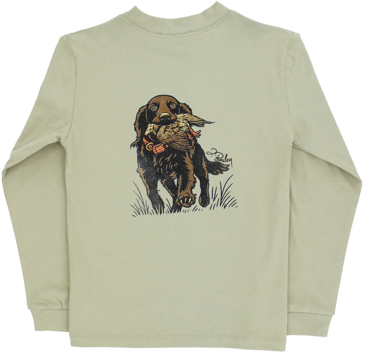 Light green sweatshirt with a dog graphic on the back, displayed on a white background.