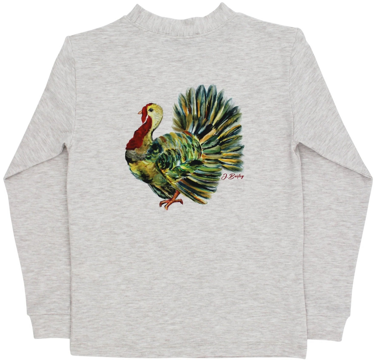 A light heather gray long-sleeve crewneck sweatshirt featuring a colorful watercolor-style graphic of a turkey on the chest. The sweatshirt is shown flat against a solid white background.