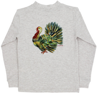 A light heather gray long-sleeve crewneck sweatshirt featuring a colorful watercolor-style graphic of a turkey on the chest. The sweatshirt is shown flat against a solid white background.